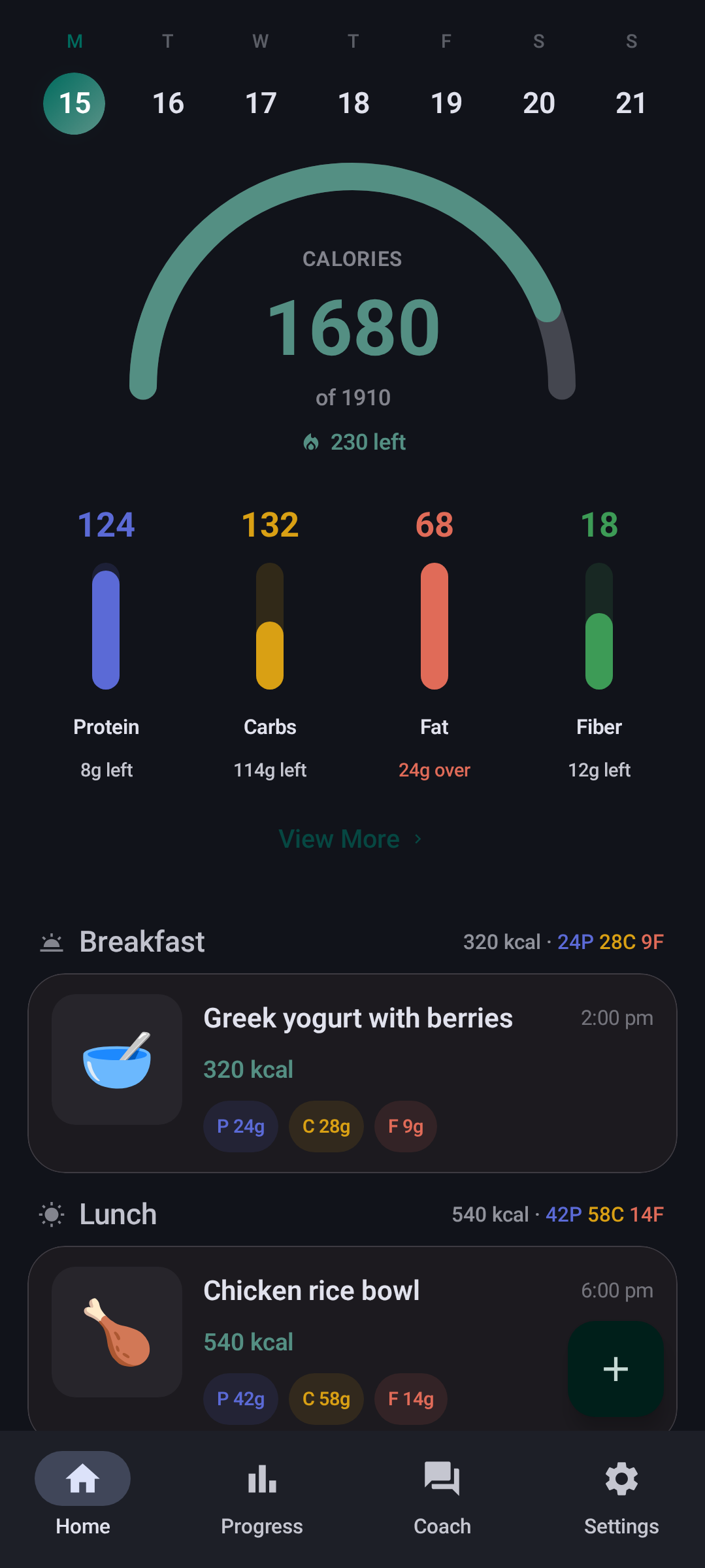 Chompass home screen showing calorie ring, macros, and today's meal log