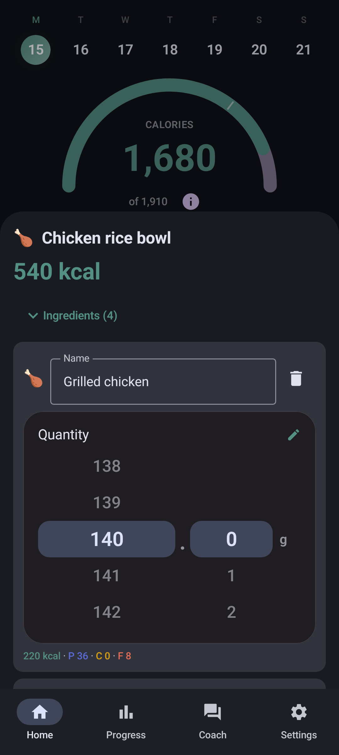 Meal components sheet in dark theme