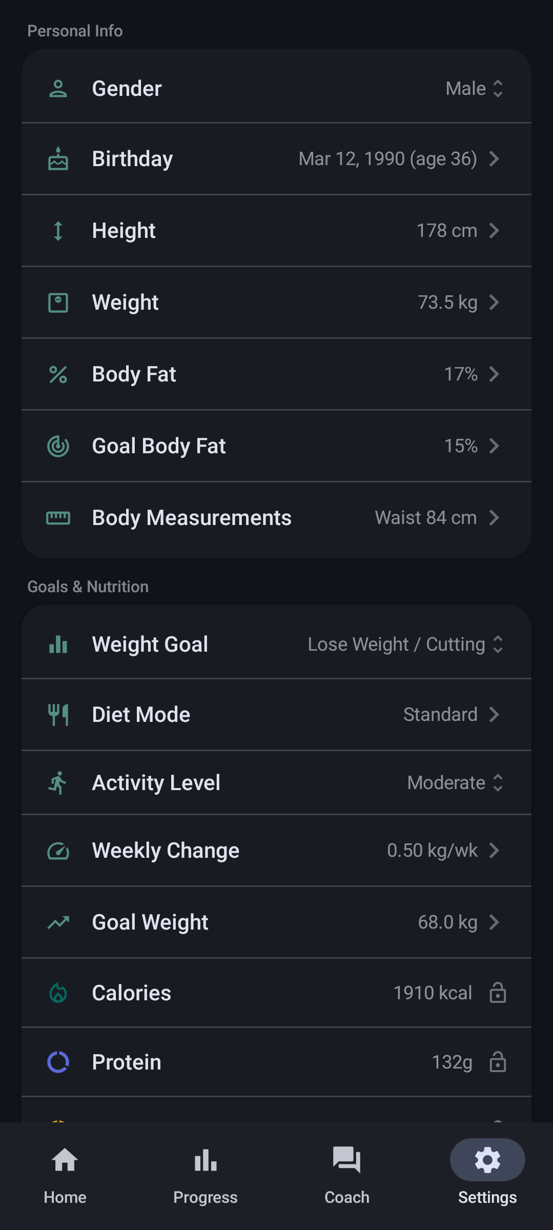 Settings with diet modes and Health Connect